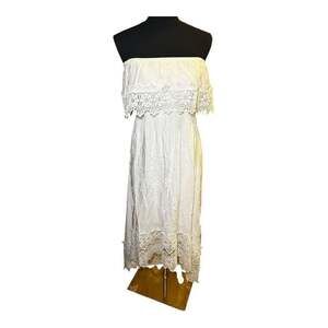Solitaire Swim White Lace Strapless High-Low Boho Cover-Up Dress Size Large
